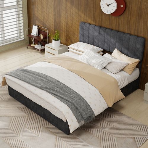 Lit Coffre Haut 140x200 Cm En Velours Gris Avec Tête Rembourrée Et Vérin