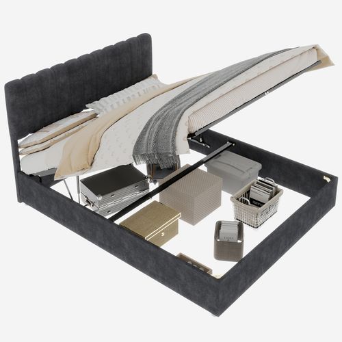 Lit Coffre Haut 140x200 Cm En Velours Gris Avec Tête Rembourrée Et Vérin