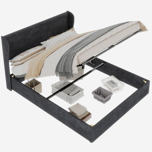 Lit 160x200 Cm Gris Avec Tête Rembourrée Et Rangement à Vérin