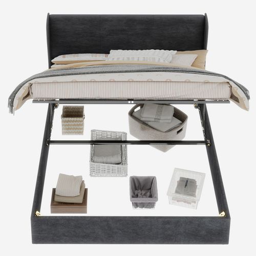 Lit 160x200 Cm Gris Avec Tête Rembourrée Et Rangement à Vérin