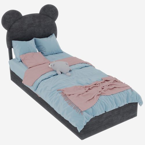 Lit Enfant 90x200 Cm Gris Avec Tête Rembourrée Cartoon Et Rangement