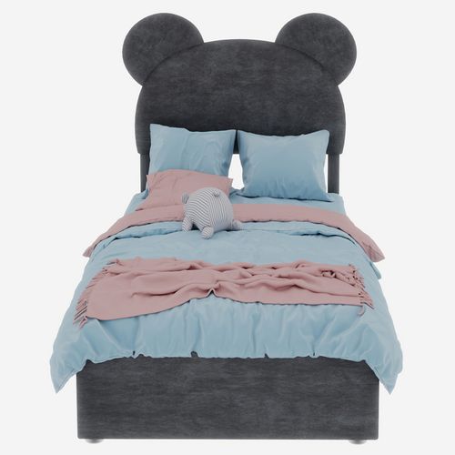 Lit Enfant 90x200 Cm Gris Avec Tête Rembourrée Cartoon Et Rangement