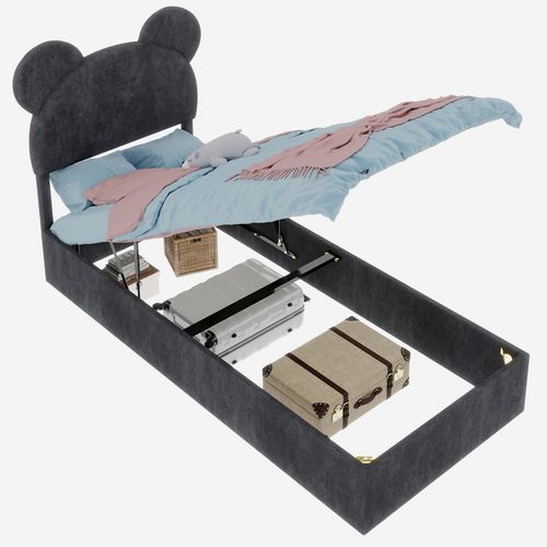 Lit Enfant 90x200 Cm Gris Avec Tête Rembourrée Cartoon Et Rangement