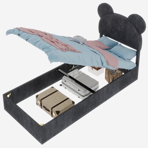 Lit Enfant 90x200 Cm Gris Avec Tête Rembourrée Cartoon Et Rangement