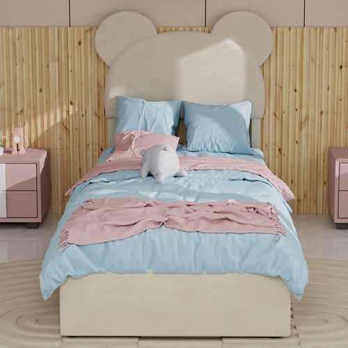 Lit Enfant 90x200 Cm Beige Avec Tête Rembourrée Cartoon Et Rangement à Vérin