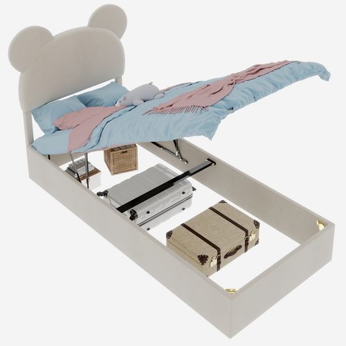 Lit Enfant 90x200 Cm Beige Avec Tête Rembourrée Cartoon Et Rangement à Vérin