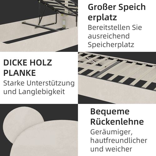 Lit Enfant 90x200 Cm Beige Avec Tête Rembourrée Cartoon Et Rangement à Vérin