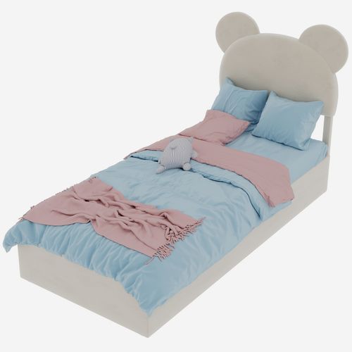 Lit Enfant 90x200 Cm Beige Avec Tête Rembourrée Cartoon Et Rangement à Vérin