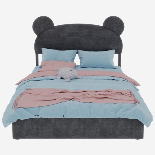 Lit Enfant 140x200 Cm Gris Avec Tête Rembourrée Cartoon Et Rangement à Vérin