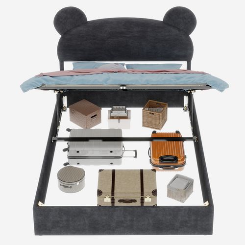 Lit Enfant 140x200 Cm Gris Avec Tête Rembourrée Cartoon Et Rangement à Vérin