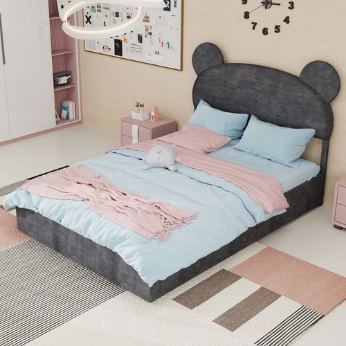 Lit Enfant 140x200 Cm Gris Avec Tête Rembourrée Cartoon Et Rangement à Vérin