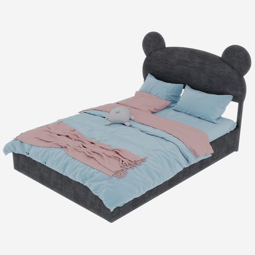 Lit Enfant 140x200 Cm Gris Avec Tête Rembourrée Cartoon Et Rangement à Vérin