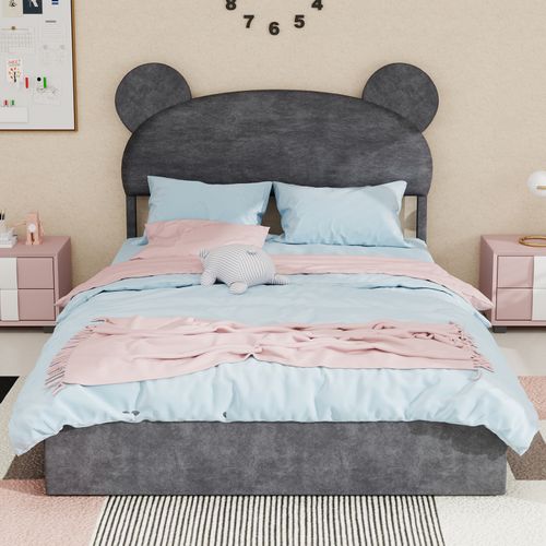 Lit Enfant 140x200 Cm Gris Avec Tête Rembourrée Cartoon Et Rangement à Vérin