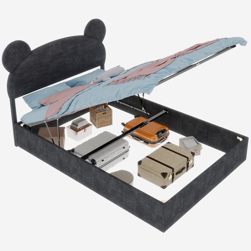 Lit Enfant 140x200 Cm Gris Avec Tête Rembourrée Cartoon Et Rangement à Vérin