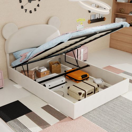 Lit Enfant 140x200 Cm Beige Avec Tête Rembourrée Cartoon Et Rangement à Vérin