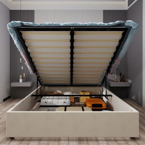 Lit Enfant 140x200 Cm Beige Avec Tête Rembourrée Cartoon Et Rangement à Vérin