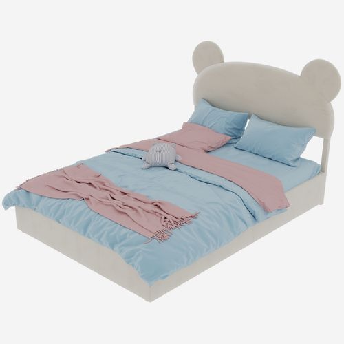 Lit Enfant 140x200 Cm Beige Avec Tête Rembourrée Cartoon Et Rangement à Vérin