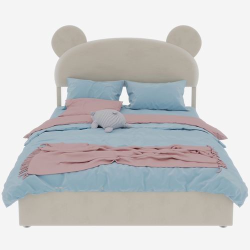 Lit Enfant 140x200 Cm Beige Avec Tête Rembourrée Cartoon Et Rangement à Vérin