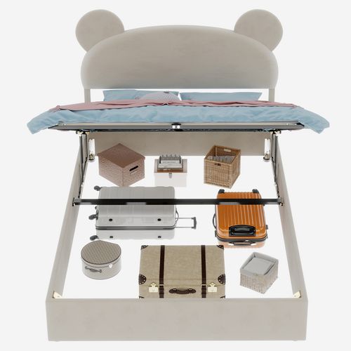 Lit Enfant 140x200 Cm Beige Avec Tête Rembourrée Cartoon Et Rangement à Vérin