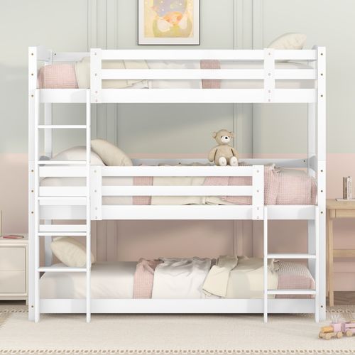 Lit Triple Superposé 90x200 En Bois Pour Enfants, Blanc, Robuste