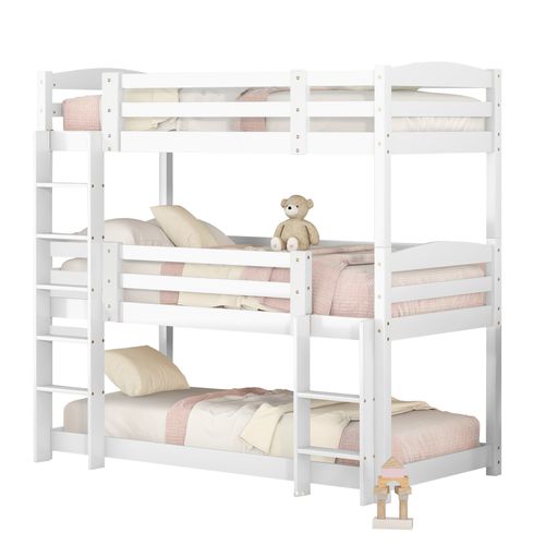 Lit Triple Superposé 90x200 En Bois Pour Enfants, Blanc, Robuste