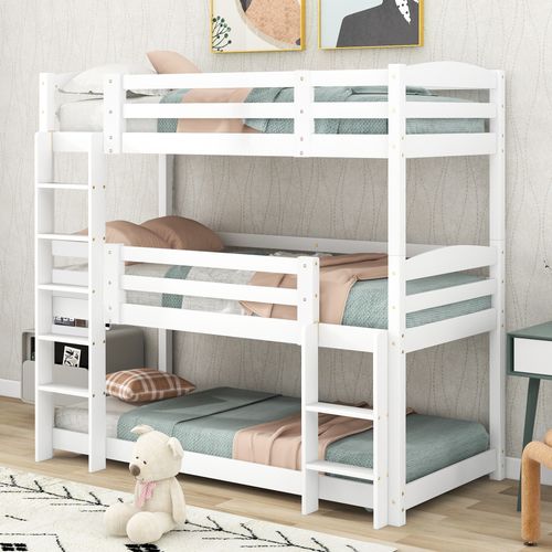 Lit Triple Superposé 90x200 En Bois Pour Enfants, Blanc, Robuste