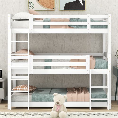 Lit Triple Superposé 90x200 En Bois Pour Enfants, Blanc, Robuste