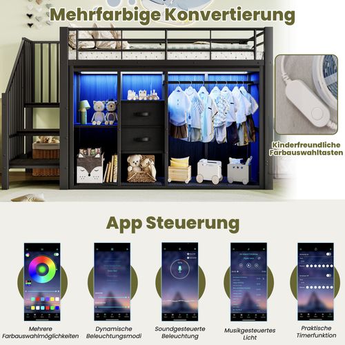 Lit Mezzanine 90x200 Avec LED, 2 Tiroirs Et Rangement Intégré, Noir