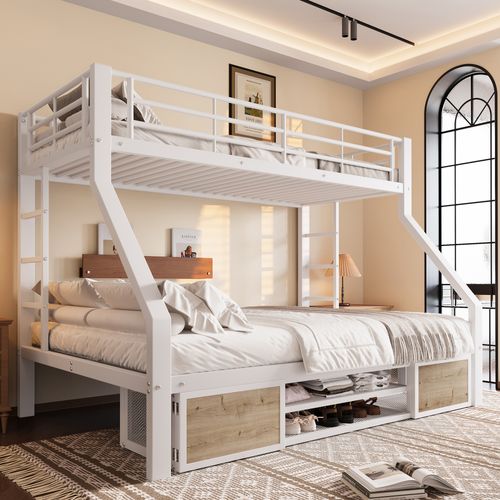 Lit Superposé 90x200/140x200 Blanc Avec Rangement Et Armoire à Chaussures