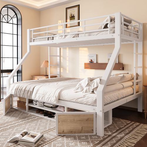 Lit Superposé 90x200/140x200 Blanc Avec Rangement Et Armoire à Chaussures