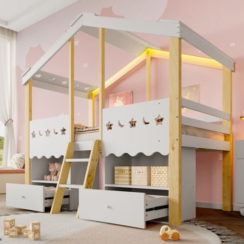 Lit Mi-haut 90x200 Cm En Forme De Maison Avec LED Et Rangements