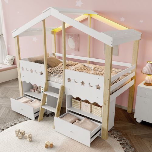 Lit Mi-haut 90x200 Cm En Forme De Maison Avec LED Et Rangements