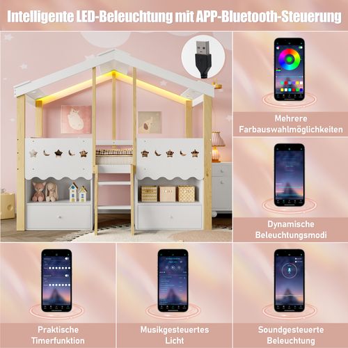 Lit Mi-haut 90x200 Cm En Forme De Maison Avec LED Et Rangements