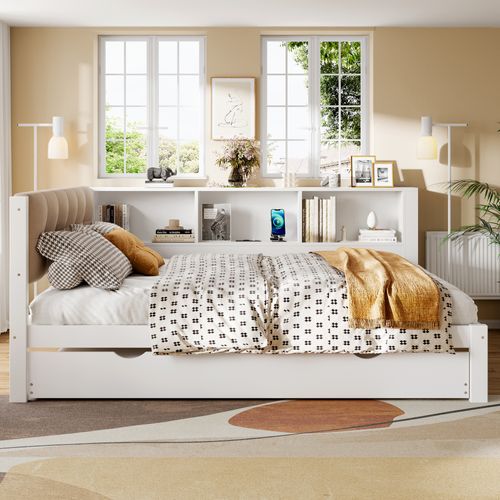 Lit Gigogne 140x200 Cm Avec Canapé-lit, LED, Étagères Et USB