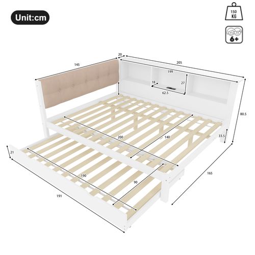 Lit Gigogne 140x200 Cm Avec Canapé-lit, LED, Étagères Et USB