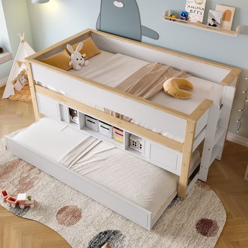 Lit Mi-hauteur 90x200cm Avec Tiroir Extensible Et Rangements, Blanc/naturel