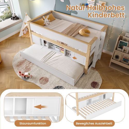 Lit Mi-hauteur 90x200cm Avec Tiroir Extensible Et Rangements, Blanc/naturel