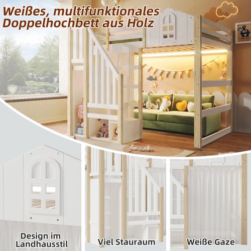 Lit Mezzanine 140x200cm Avec LED, Design Château Et Espace De Rangement, Blanc/naturel