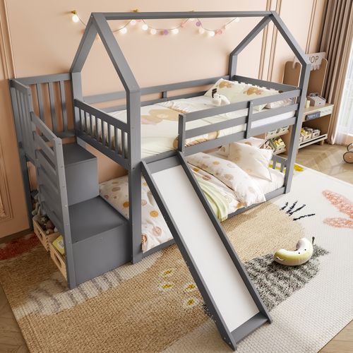 Lit Superposé 90x200cm Avec Toboggan Et Rangement, Style Cabane, Gris