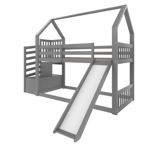 Lit Superposé 90x200cm Avec Toboggan Et Rangement, Style Cabane, Gris