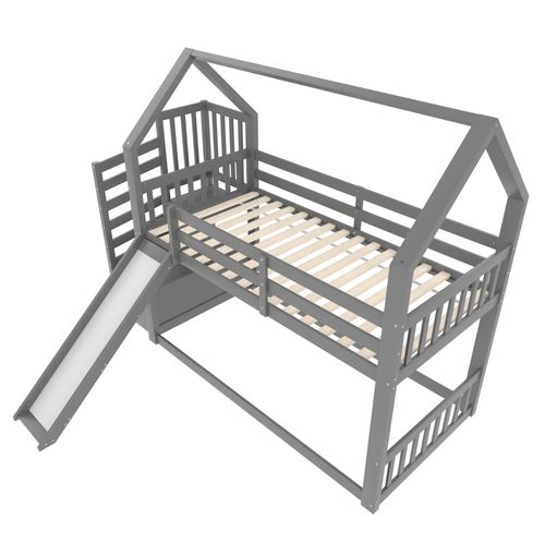 Lit Superposé 90x200cm Avec Toboggan Et Rangement, Style Cabane, Gris