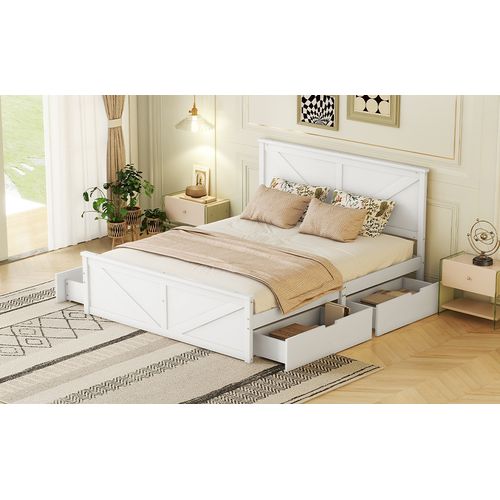 Lit En Bois 160x200cm Avec 4 Tiroirs De Rangement, Blanc