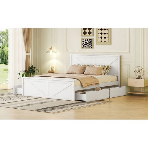 Lit En Bois 160x200cm Avec 4 Tiroirs De Rangement, Blanc