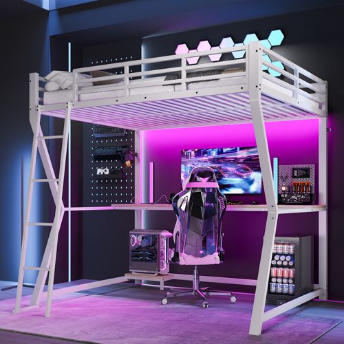 Lit Mezzanine 140x200cm Avec Bureau, LED, Prises Et Rangement, Blanc