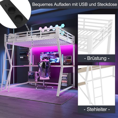 Lit Mezzanine 140x200cm Avec Bureau, LED, Prises Et Rangement, Blanc