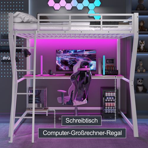 Lit Mezzanine 140x200cm Avec Bureau, LED, Prises Et Rangement, Blanc