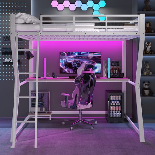 Lit Mezzanine 140x200cm Avec Bureau, LED, Prises Et Rangement, Blanc