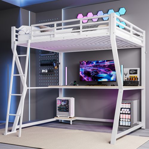 Lit Mezzanine 140x200cm Avec Bureau, LED, Prises Et Rangement, Blanc