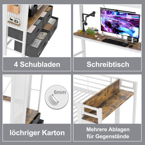 Lit Mezzanine 90x200cm Avec Bureau, LED, Rangement Et Prise USB Type-c, Blanc