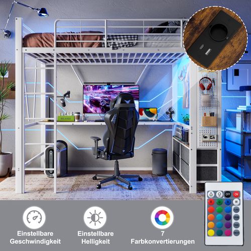 Lit Mezzanine 90x200cm Avec Bureau, LED, Rangement Et Prise USB Type-c, Blanc